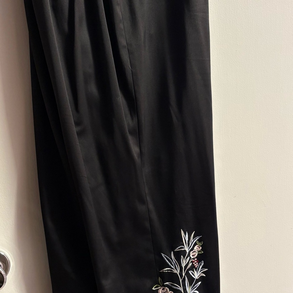 Spenser Jeremy Black Wide Leg Pants with Floral Hem Embroidery